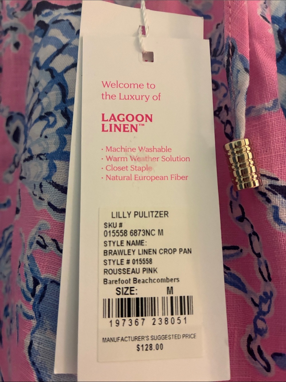 Lilly Pulitzer Linen Pink and Blue Seashell Drawstring Pants - Picture 3 of 6